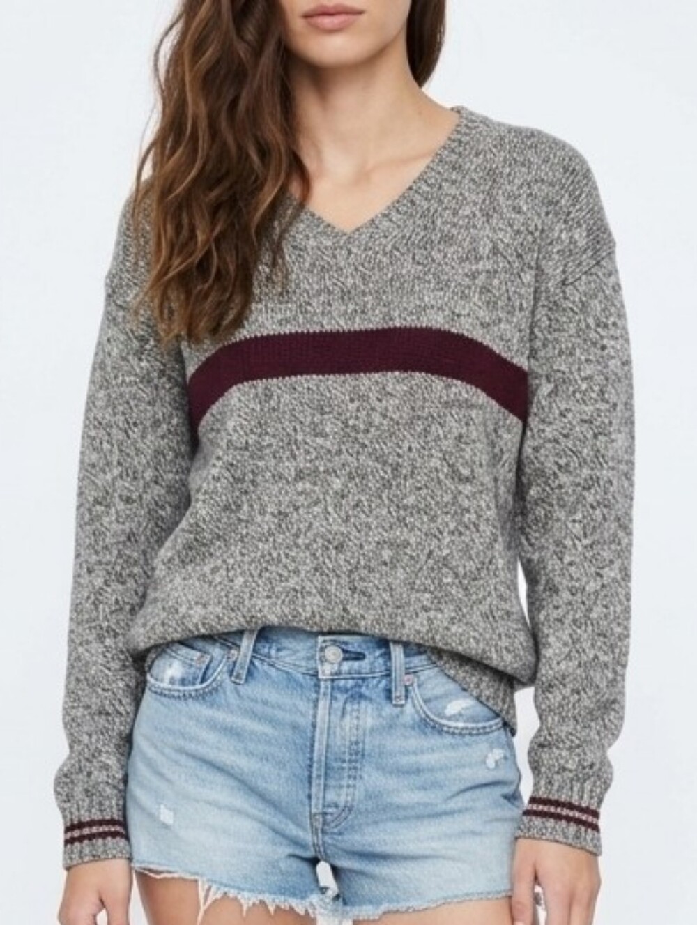 Vintage Abercrombie & Fitch Varsity Striped Wool V-Neck Marled Sweater In Tan